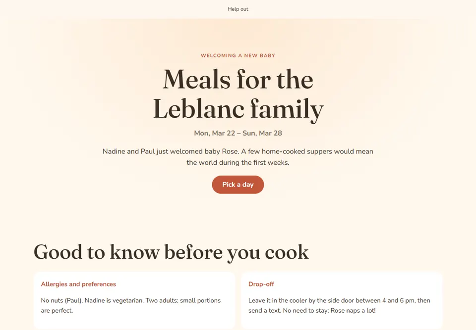 Example: meals for a new family